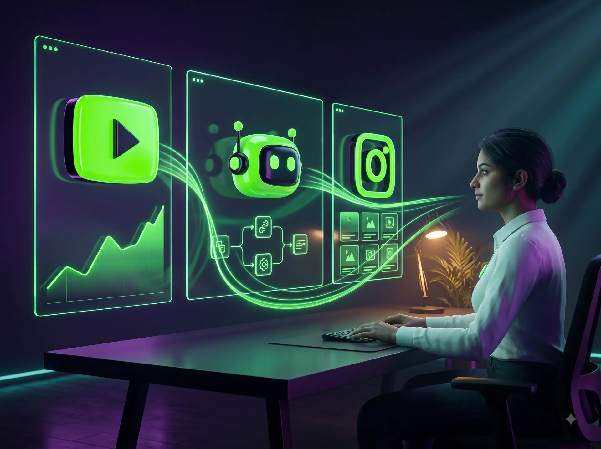 AI-powered faceless YouTube automation workflow on holographic screens